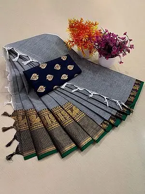 Weathervane Color Chettinad Pure Cotton Saree With Blouse With Bird-Stripes Pattern Border
