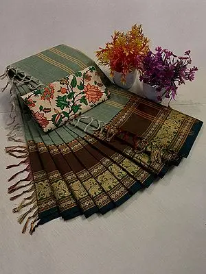 Sea-Foam Chettinad Pure Cotton Saree With Elephant Woven Motif Border And Blouse