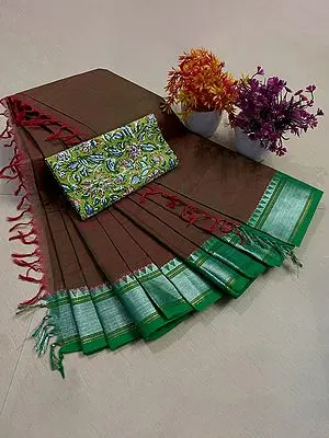 Monk's-Robe Chettinad Pure Cotton Saree With Blouse And Silver Zari Woven Border