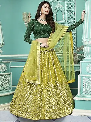 Fluorescence-Green Gota Patti Embroidered Georgette Lehenga Choli with Printed Silk Choli and Net Dupatta
