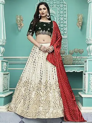 Off-White Georgette Gota Patti Embroidered Lehenga with Green Choli and Printed Silk Dupatta