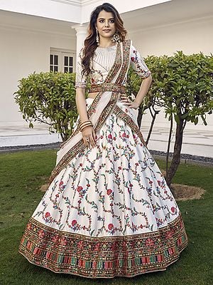 Silk Meena Work Belt Style Lehenga Choli and Floral Vine Pattern Thread-Sequins Embroidery and Net Dupatta