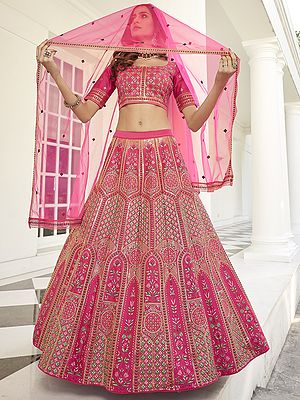 Silk Floral Pattern Meena Work Lehenga Choli with Thread, Sequins, Stone Embroidery and Net Dupatta