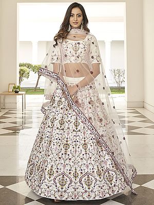 Silk Thared-Sequins Embroidered Floral Motif Lehenga Choli With Net Dupatta