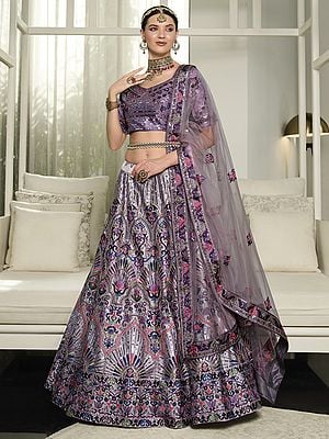 Silk Meena Mughal Pattern Lehenga Choli with Thread -Sequins Embroidery and Net Dupatta