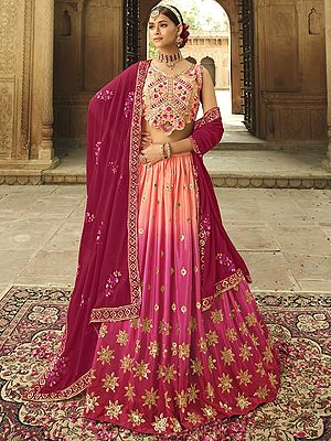 Peach-Pink Dual Tone Thared-Sequins Embroidered Butti Motif Silk Lehenga Choli With Fancy Net Dupatta