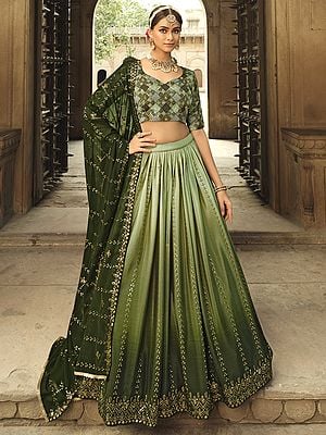 Pista-Green Silk Laddi Pattern Thread-Sequins Embroidered Dual Tone Lehenga Choli with Georgette Dupatta