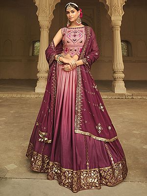 Silk Pink-Magenta Sequins Embroidered Dual Tone Lehenga Choli With Fancy Net With