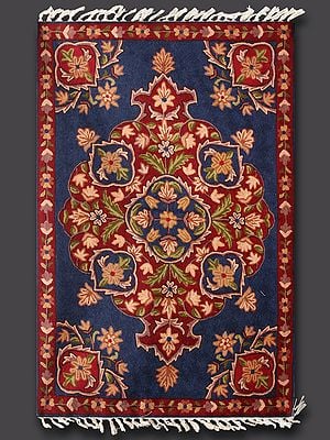 Floral Deep Crimson and Navy Decorative Chainstitch Multicolored Aari Embroidered Rug