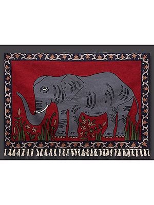 Ruby Red Chainstiched Embroidered Wall Hanging with Elephant Motif and Vine Border