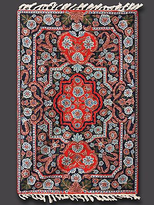 Russian Red and Colossal Black Prayer Rug with Wool Thread Hand Embroidered Mughal Motifs