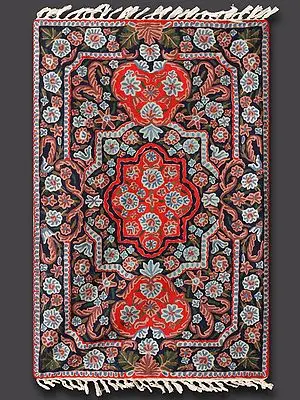 Russian Red and Colossal Black Prayer Rug with Wool Thread Hand Embroidered Mughal Motifs