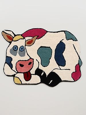 White Woolen Rug with Color Spotted Cow Hand-tufted Shaped