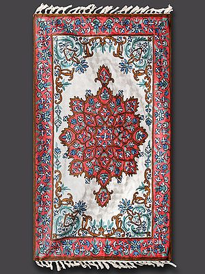 Pure White Rug with Peachy Red Border Silk Thread Chain Stitched Embroidered Carpet with Tassels and Traditional Motifs from Kashmir