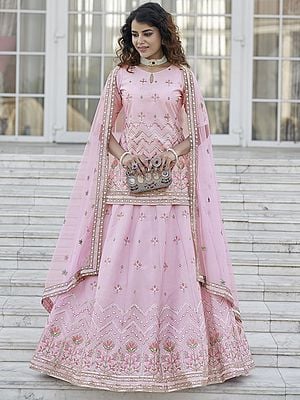 Chinon Chiffon Chevron-Mughal Pattern Sequins, Gota Patti, Thread Embroidered Kurti Style Lehenga Choli, And Net Dupatta