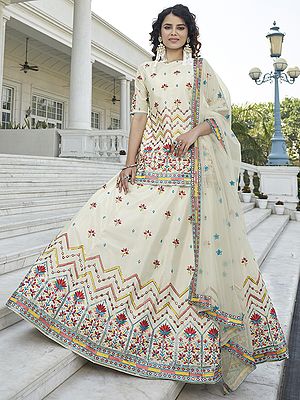 Chinon Chiffon Chevron-Mughal Pattern Sequins, Gota Patti, Thread Embroidered Kurti Style Lehenga Choli, And Net Dupatta