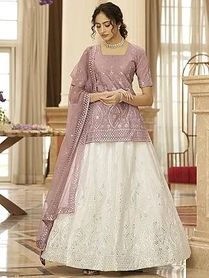 Pearl-White Chinon Chiffon Lehenga with Dusty-Pink Kurti Style Choli and Sequins, Gota Patti, Thread Embroidered & Net Dupatta