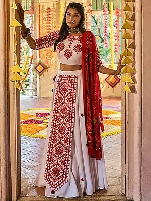 Bright-White Maslin Cotton Navaratri Special Lehenga Choli With Thread, Mirror, Print Work And Cotton Maroon Dupatta