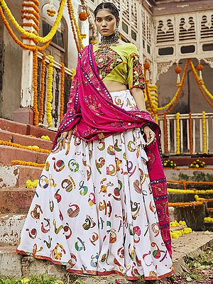 Cream Cotton Multicolor Satin Digital Print Navratri Lehenga Choli With  Side Chain - Dori And Green Muslin Dupatta | Exotic India Art