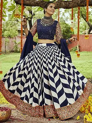 White & Blue Maslin Cotton Lehenga Choli with Print, Thread, Mirror Work and Dupatta