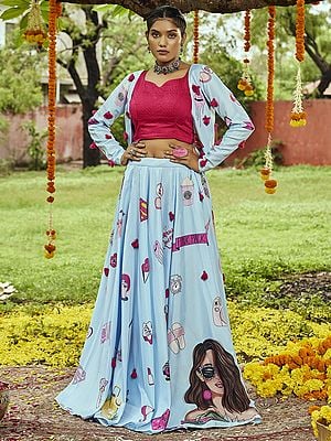 Sky-Blue Maslin Cotton Degital Printed Lehenga & Jacket With Cotton Pink Choli And All-Over Tessals Pasting Work