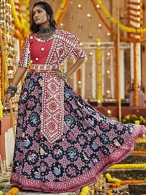 Maslin Cotton Print-Mirror Work Black Lehenga With Pink Choli And White Dupatta