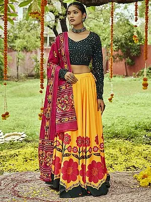 Yellow-Green Maslin Cotton Patola Print-Mirror Work Lehenga Choli With Deep Pink Cotton Dupatta
