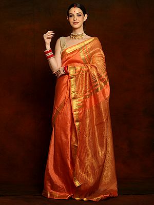 Tangy Peach Chennai Silk Saree with Golden Zari Border and Stripes
