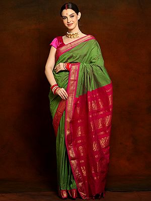 Forest Green Silk Blend Saree with Magenta Border and Golden Zari Threadwork