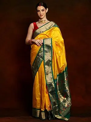 Sunshine Yellow Pure Silk Paithni Saree with Lush Green Zari Chattai Border
