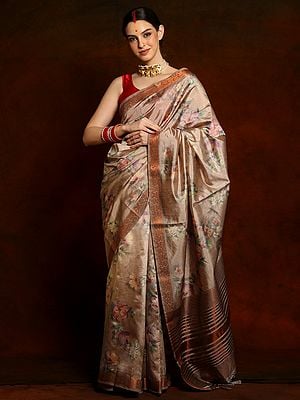 Sheen Coffee Brown Art Silk Saree with Pastel Colored Floral Prints and Copper Brocade Border