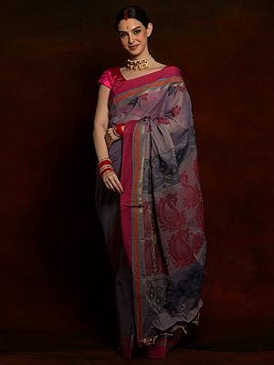 Old Grey Pure Cotton Taant Dhakai Saree from Bengal with Magenta Border and Paisley Motifs