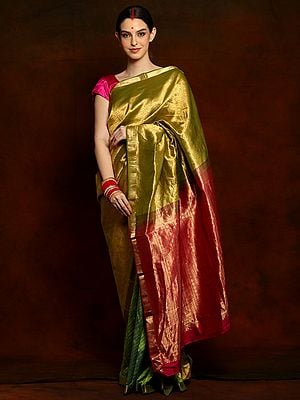 Pure Kanjivaram Silk Henna Green Saree with Magenta Palla and Zari Threadwork all Over