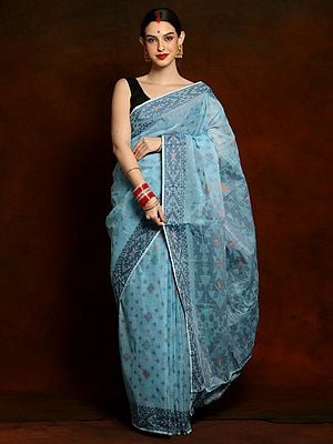 Cloud Blue Pure Cotton Tant Bengal Handloom Dhakai Jamdani Saree
