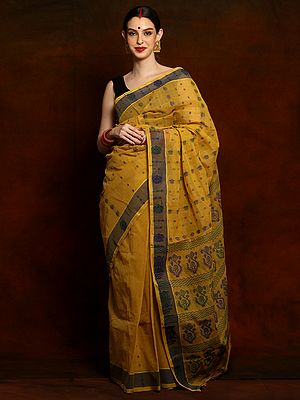 Yellow Ochre Bengal Tangail Handloom Pure Cotton Saree