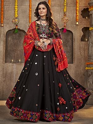 Black-Onyx Viscose Rayon Mirror-Thread Embroidered Navratri Style Lehenga Choli With Cotton Red Dupatta