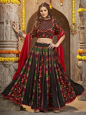 Moonless-Night Viscose Rayon Floral Vine Motif Navratri Style Lehenga Choli With Mirror-Thread Embroidery And Georgette Dupatta