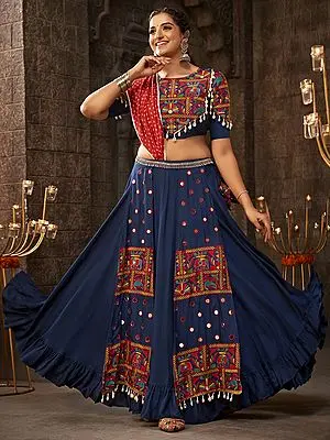 Viscose Rayon Thread-Mirror Embroidered Elephant Motif Navratri Style Blue Lehenga Choli And Rayon Pink Dupatta