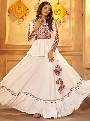 Brilliant-White Viscose Rayon Kurti Style Lehenga Choli with Thread-Mirror Embroidery