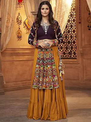 Viscose Rayon Mustared-Yellow Thread-Mirror Embroidered Navratri Lehenga Choli With Koti