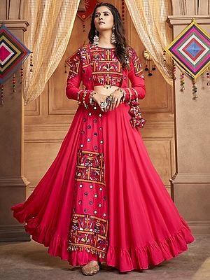 Rani-Pink Navratri Style Lehenga Choli With Thread-Mirror Embroidery And Koti