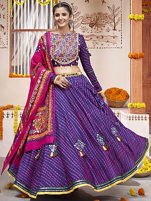 Spectrum-Blue Rayon Lehenga Choli With Print & Patch Work And Cotton Pink Duppatta