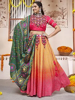 Yellow-Pink Rayon Navratri Lehenga Choli With Bundi Pattern Print & Patch Work And Green Duppatta