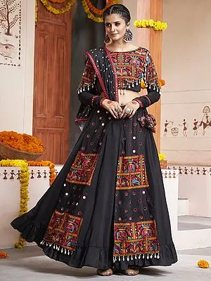 Moonless-Night Viscose Rayon Navratri Special Lehenga Choli With Thread-Mirror Embroidery And Rayon Dupatta