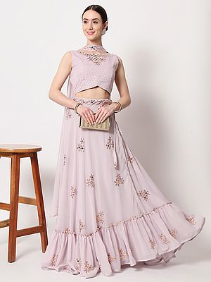 Dusty-Pink Crush Pattern Georgette Lehenga with Sequins, Thread, Mirror Embroidered Choli and Choker Dupatta