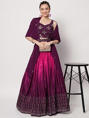 Chinon Silk Mukaish Work Purple Lehenga With Sequins, Thread Embroidered Choli And Choker Dupatta