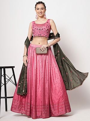 Pink-Power Mukaish Work Chinon Silk Lehenga with Sequins, Thread Embroidered Choli, And Green Choker Dupatta