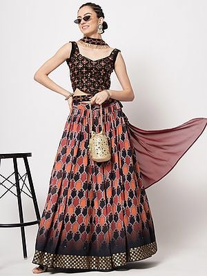 Georgette Multi-Color Printed Lehenga with Sequins-Thread Embroidered Black Choli and Choker Dupatta