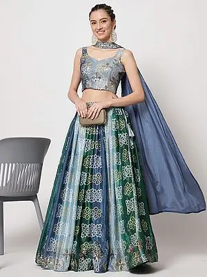 Chinon Silk Print-Sequins Embroidered Multicolor  Lehenga Choli With Choker Dupatta
