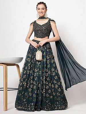 Green-Gables Printed Georgette Lehenga With Sequins-Thread Embroidered Black Choli And Choker Dupatta